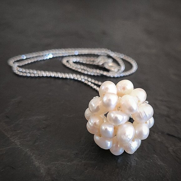 Genuine Pearl Cluster Pendant Necklace Sterling Silver - Picture 5 of 13